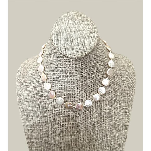 Freshwater Coin Pearl Necklace 16” • Statement Pearl Collar Necklace - Picture 3 of 5